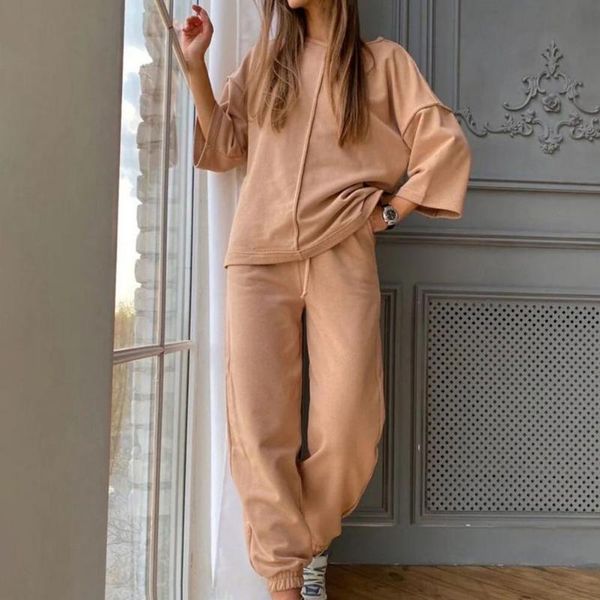 

women's two piece pants fashion lady tracksuit elastic waist loose set solid color drawstring, White
