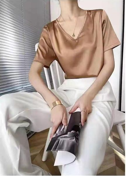 

women's blouses & shirts beautiful summer 2021 shoort sleeve v neck elegant silk satin shirt korean fashion vintage white