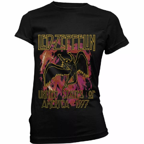 

ladies led zeppelin black flames licensed women ladies t-shirt, White;black
