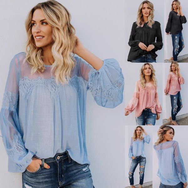 

loose casual linen like long women t shirt sleeved autumn round neck lace embroidered, White