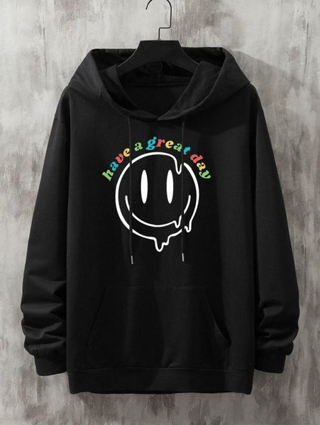 

men cartoon & slogan graphic kangaroo pocket drawstring hoodie f4mr#, Black