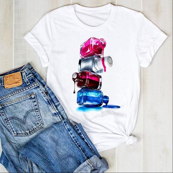 

women lady fingernail 3d cute kawaii make up ladies summer t tee womens female shirt clothes graphic, White