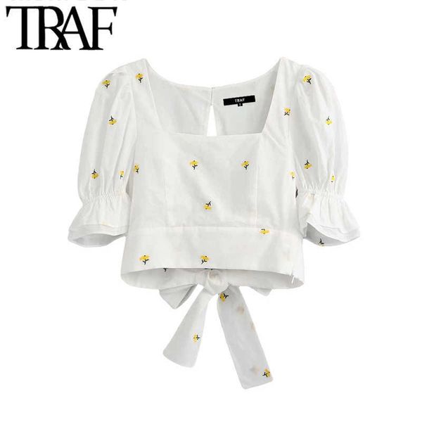 

traf women sweet fashion floral embroidery cropped blouses vintage pull sleeve back bow tie female shirts chic 210721, White