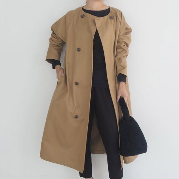 

women's trench coats women long 2021 korean fashion double breasted round neck japan office lady autumn outwear khaki oversized jacket, Tan;black