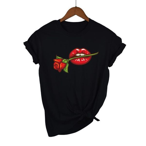 

women's t-shirt summer fashion shirt lips with flower graphic t women base o-neckblack tees kiss leopard lip funny girls tshirt, White