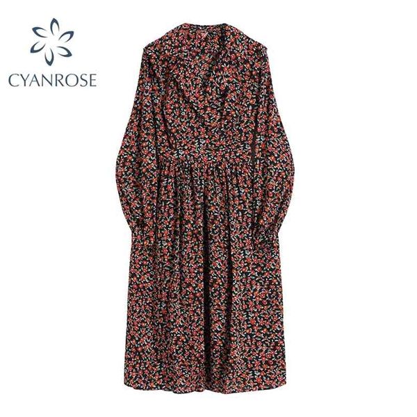 

bohemian vintage beach dress women long sleeve spring v neck floral print frocks female loose high waist slim vestidos 210515, Black;gray