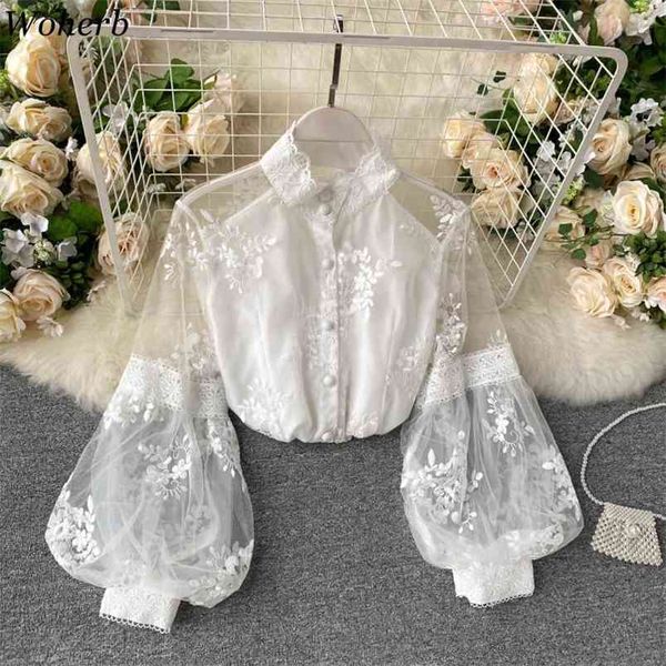 

korean elegant puff long-sleeved shirt women summer floral embroidery blouse womens casual office mesh blusas 210519, White