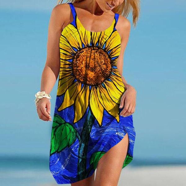

casual dresses 4# women sleeveless hem loose summer dress tropical print beach 2021 boho holiday vintage strap vestidos, Black;gray