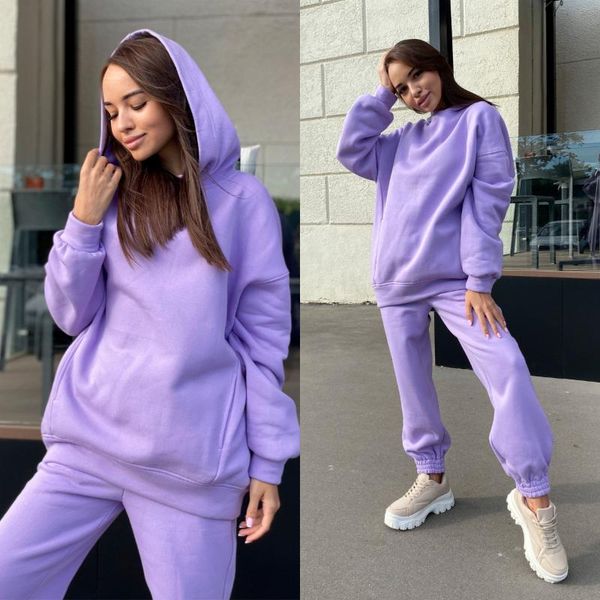 

women's two piece pants purple sportswear fashion solid color hooded loose women sweater in autumn and winter 2021 casual set, White