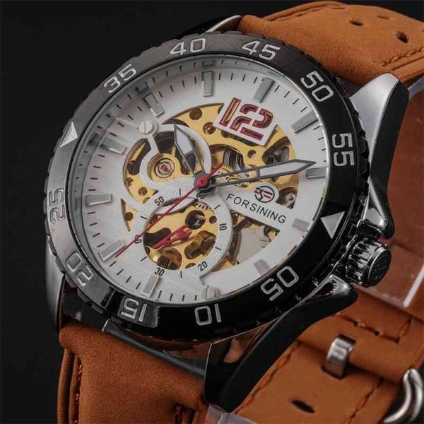 

forsining brand fashion leather gold watch men automatic mechanical skeleton waterproof watches relogio masculino 210608, Slivery;brown