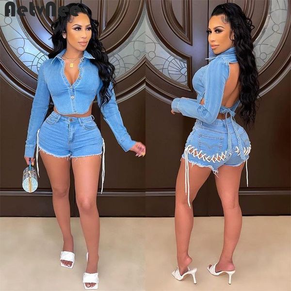 

women's tracksuits fall denim shorts sets women jeans suits single breasted backless shirts + bandage two 2 piece set streetwear outfit, Gray