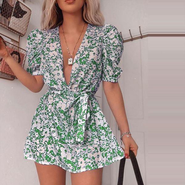 

summer floral short womens dress ruffle sleeve deep v neck mini dresses belt elegant party boho style, Black;gray