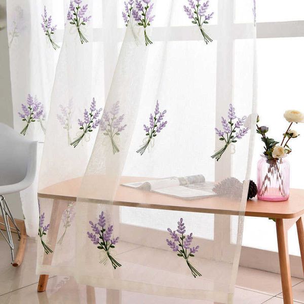 Lila Baumwolle bestickt Lavendel Sheer Vorhang für Wohnzimmer Tüll Leinen Vorhang Fenster Bildschirm für Kinder Mädchen Schlafzimmer 210712
