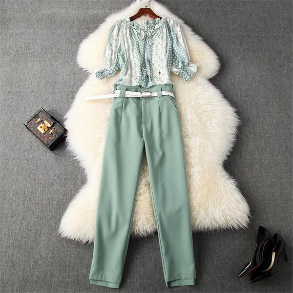 

elegant lady office pants two piece outfits summer 2021 fashion women's ruffle print chiffon shirt+pants suit matching sets dress, White