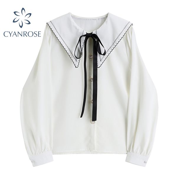 Botão de pérolas Blusas do vintage ou tops para mulher Cardigan Corean Elegant Shirts Feminino Ol Ins Loose Lace Up Collar Blusas 210417