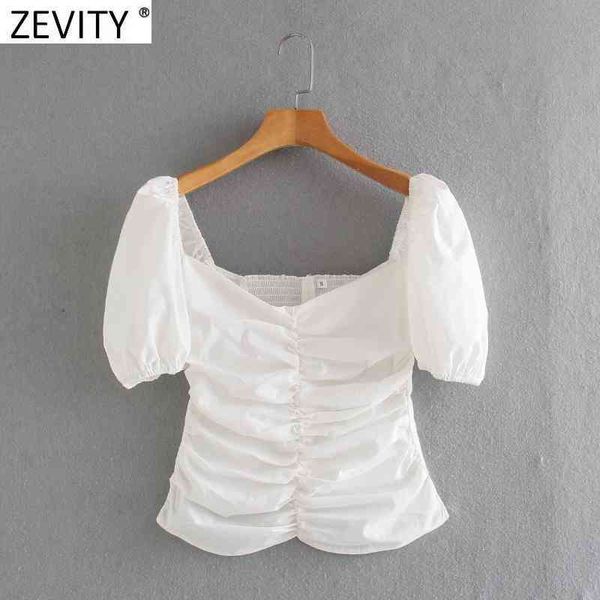 

zevity women vintage square collar pleated slim short shirts lady puff sleeve back elastic zipper blouse roupas chic ls9133 210419, White