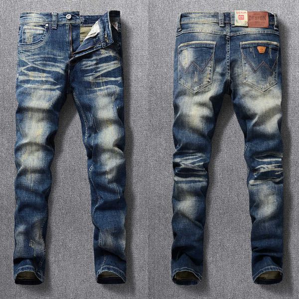 

men's jeans italian style fashion retro blue elastic cotton slim fit ripped for streetwear vintage designer denim pants d5gd