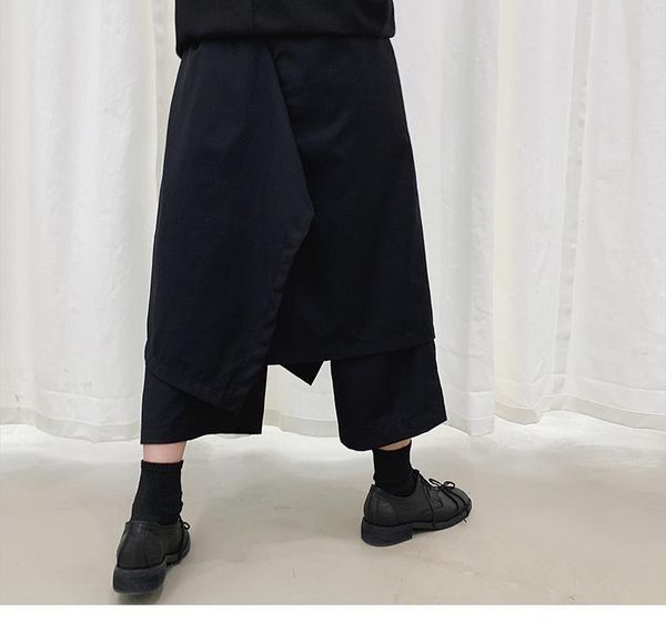 

men's pants men fake 2 piece spliced harem trusers loose casual black wide leg skirt male hip hop punk gothic streetwear kimono