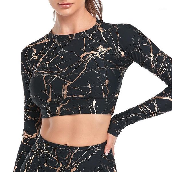 

yoga outfit 2021 women long sleeve running shirts exposed navel t-shirts printed sports fitness gym crop sport wear