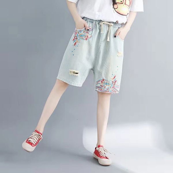 

2021 arrival of summer korean girl style casual loose elastic waistband cotton denim torn jeans hare w174 pants, Blue