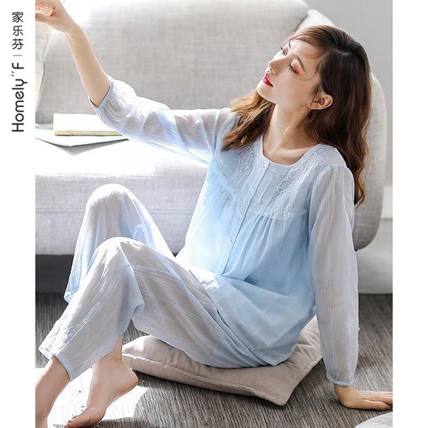 

women's sleepwear woven cotton gauze pajamas spring summer long sleeve home wear and autumn thin middle-aged mother, Black;red