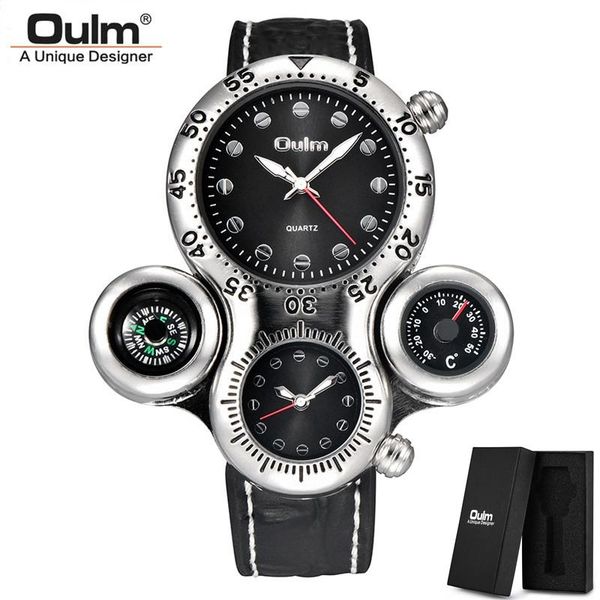 

wristwatches oulm hp1149 ocs unique design sport watches men two time zone wristwatch decorative compass luxury male quartz watch, Slivery;brown