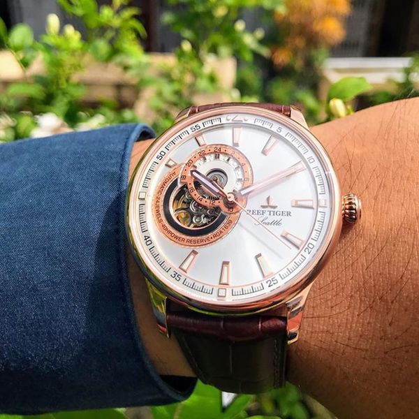 

reef tiger/rt dress men watch tourbillon automatic mechanical waterproof relogio masculino rga1639 wristwatches, Slivery;brown