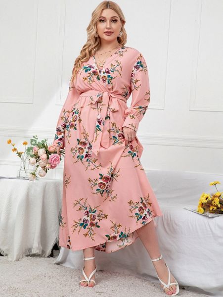 

plus floral print surplice neck belted dress l0gk#, Black