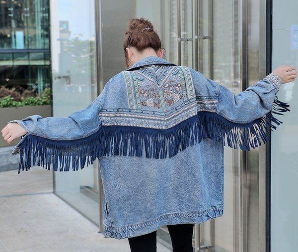 

denim women jacket spring vintage floral embroidery suede fringe loose coat long sleeve outerwear female boho jacket 210518, Black;brown