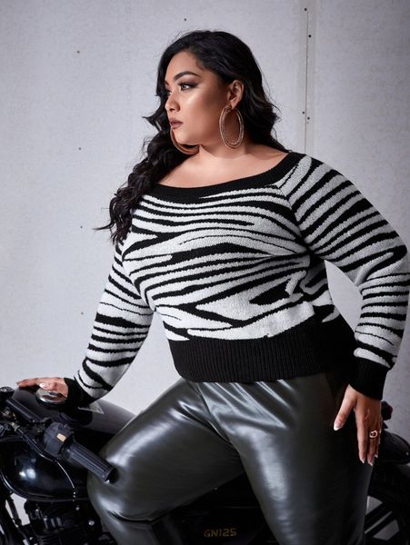 

plus zebra striped pattern raglan sleeve sweater x05a#, Black