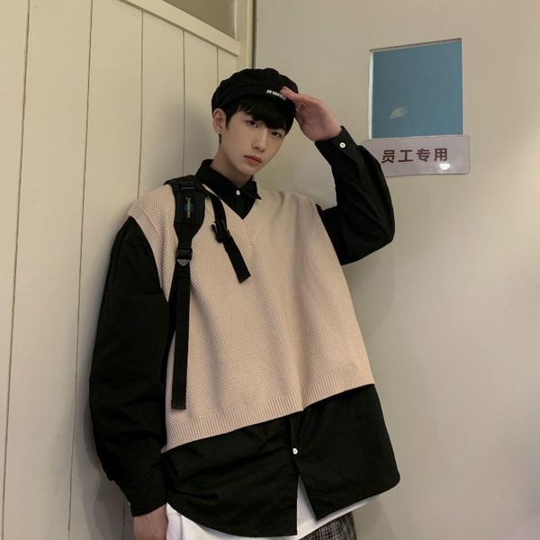 

men's vests autumn v-neck sweater vest men's fashion casual knitted pullover men korean loose black gray khaki sleeveless mens, Black;white