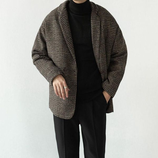 

men's suits & blazers 2021 autumn winter men fashion plaid casual suit jackets male loose blazer coats long sleeve warm woolen outwear, White;black