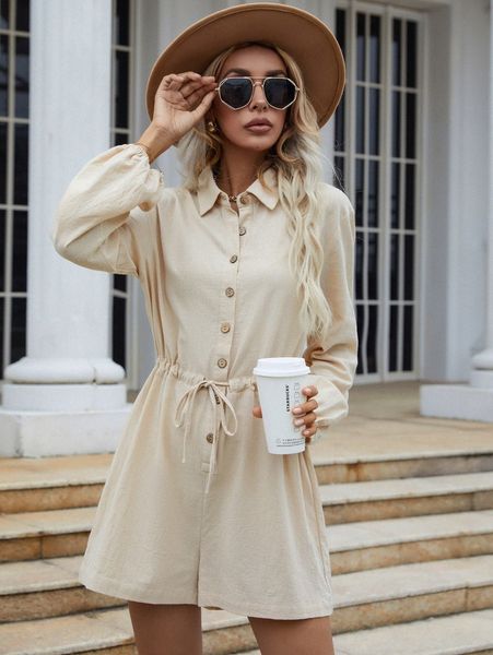 

drop shoulder drawstring waist shirt romper e3e3#, White