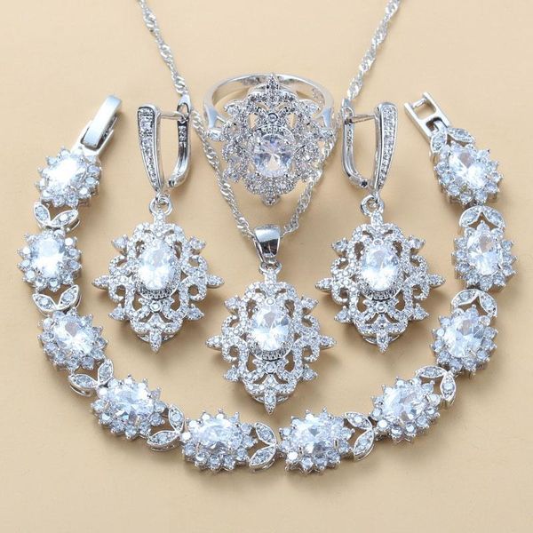 

earrings & necklace women wedding engagement accessories natural white zircon jewelry sets bracelet and ring, Silver