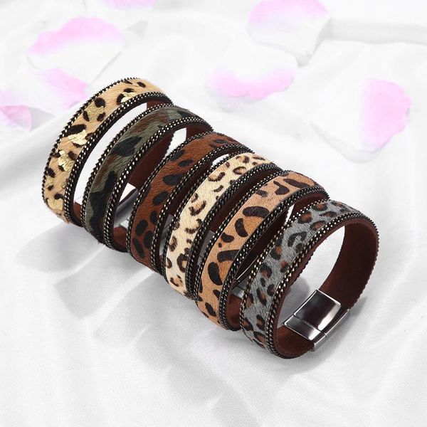 

tennis fashion leopard print braided leather bracelet for femlae animal horse hair magnetic clasp bangles pulseiras jewelry gift 2021, Golden;silver