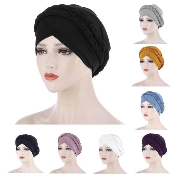 

beanie/skull caps 2021 chemo cancer head hat ethnic bohemian pre-tied twisted braid hair cover wrap turban headwear, Blue;gray