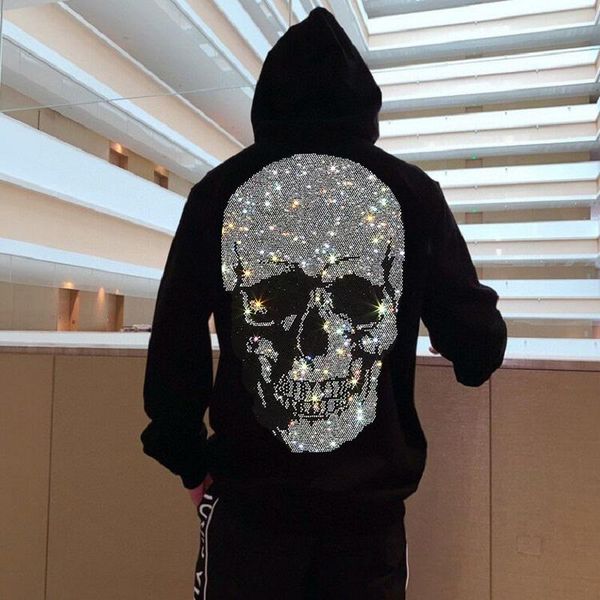

men's hoodies & sweatshirts brand warm thick sweatshirt hip-hop loose characteristic personality skull pullover rhinestone luxury hoodi, Black