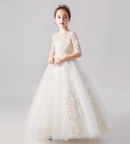 

sweet ivory jewel sleeves applique girl' pageant flower girl dresses princess party child skirt custom, White;blue