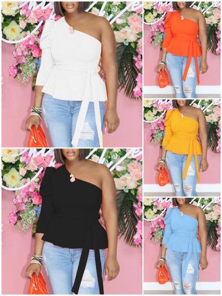 

women's blouses & shirts summer women plain incline shoulder tied 2022 femme solid puff sleeve ruffle hem blouse office lady outfit, White