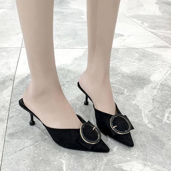 

slippers knit breathable high heels mules women 2021 summer shoes pointed toe thin fashion party ladies u30-09, Black