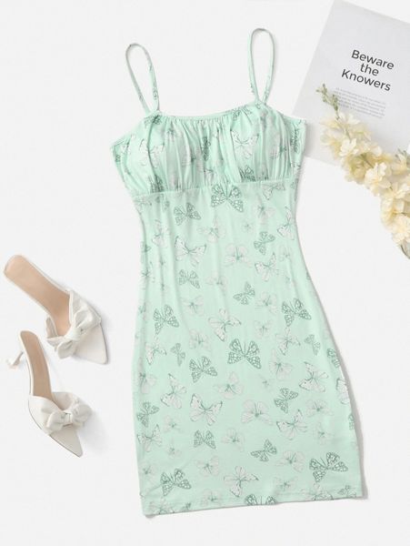 

butterfly print ruched bust cami dress g24b#, Black;gray