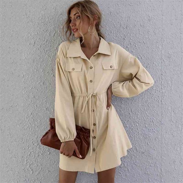 

casual autumn short dress women winter long sleeve office lady elegant dress button up daily dress work 210415, Black;gray