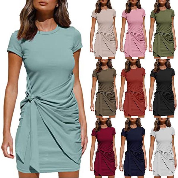 

women's swimwear 2021 summer temperament short sleeve round neck folded bowknot belted irregular dress, White;black