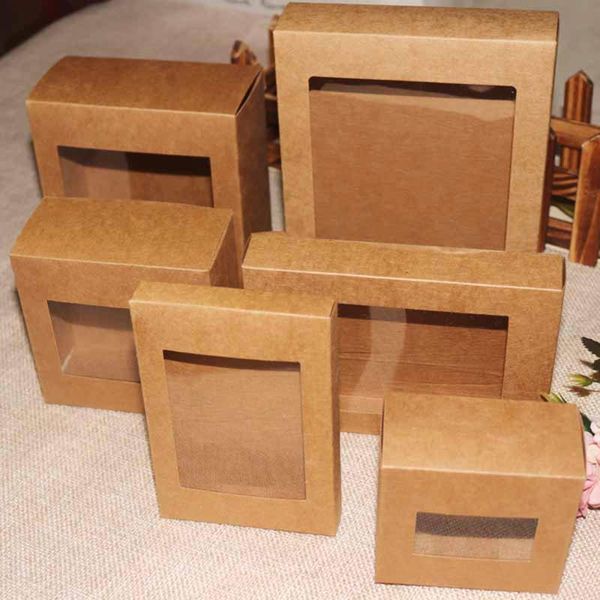 

10pcs diy vintage color kraft paper gift box package with clear pvc window wedding candy favors arts&krafts display wrap