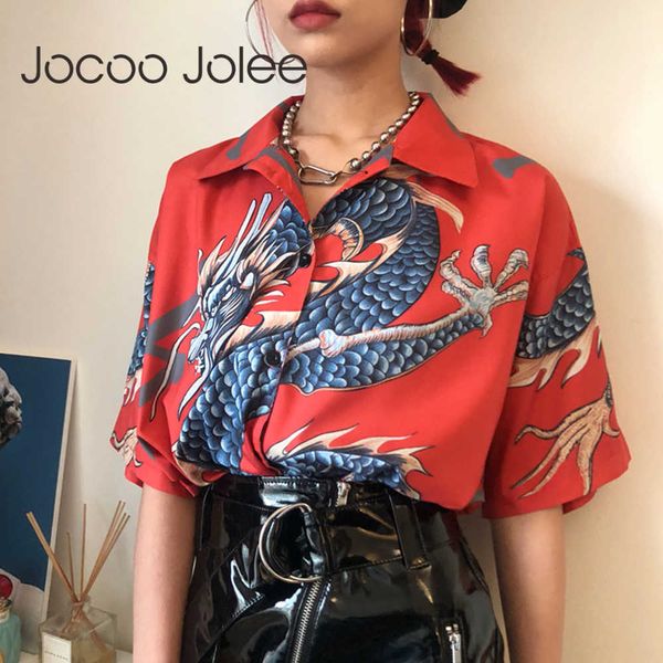 

jocoo jolee summer short sleeve dragon print shirts women loose harajuku blouse female chinese style and blouses streetwear 210619, White