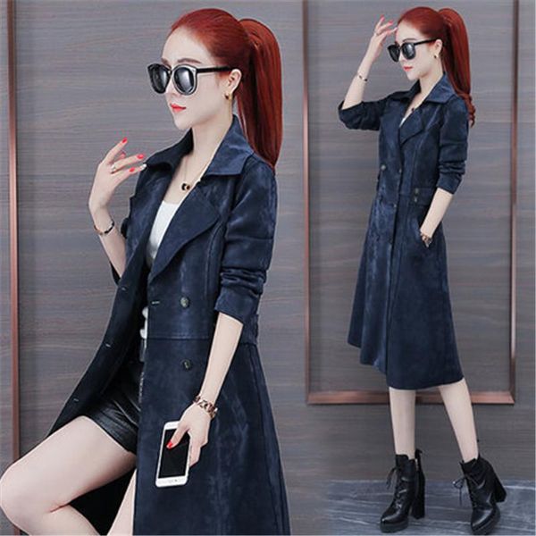 

women's trench coats 2021 spring autumn suede long causal windbreaker coat female overcoats g58, Tan;black