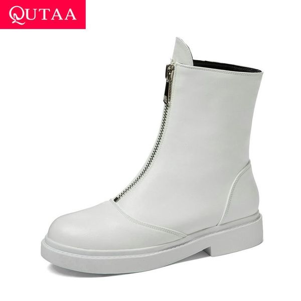 

boots qutaa 2021 autumn winter square heel women shoes fashion front zipper ankle round toe pu leather short size 34-43, Black