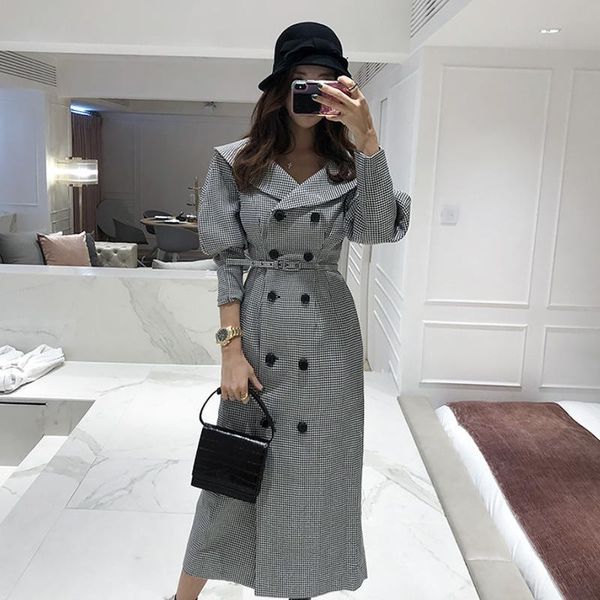 

women's trench coats plaid long coat women spring autumn fashion elegant ol office ladies double breasted slim outwear with belt yt5011, Tan;black