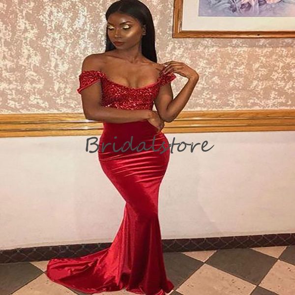 

elegant red velvet mermaid evening dress 2021 off the shoulder black girls sequin prom dresses tight slim african women formal party robes d, Black;red