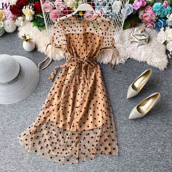 

summer polka dot print dress female slim waist lace up short sleeve vestidos patchwork mesh see through dresses women 210417, Black;gray